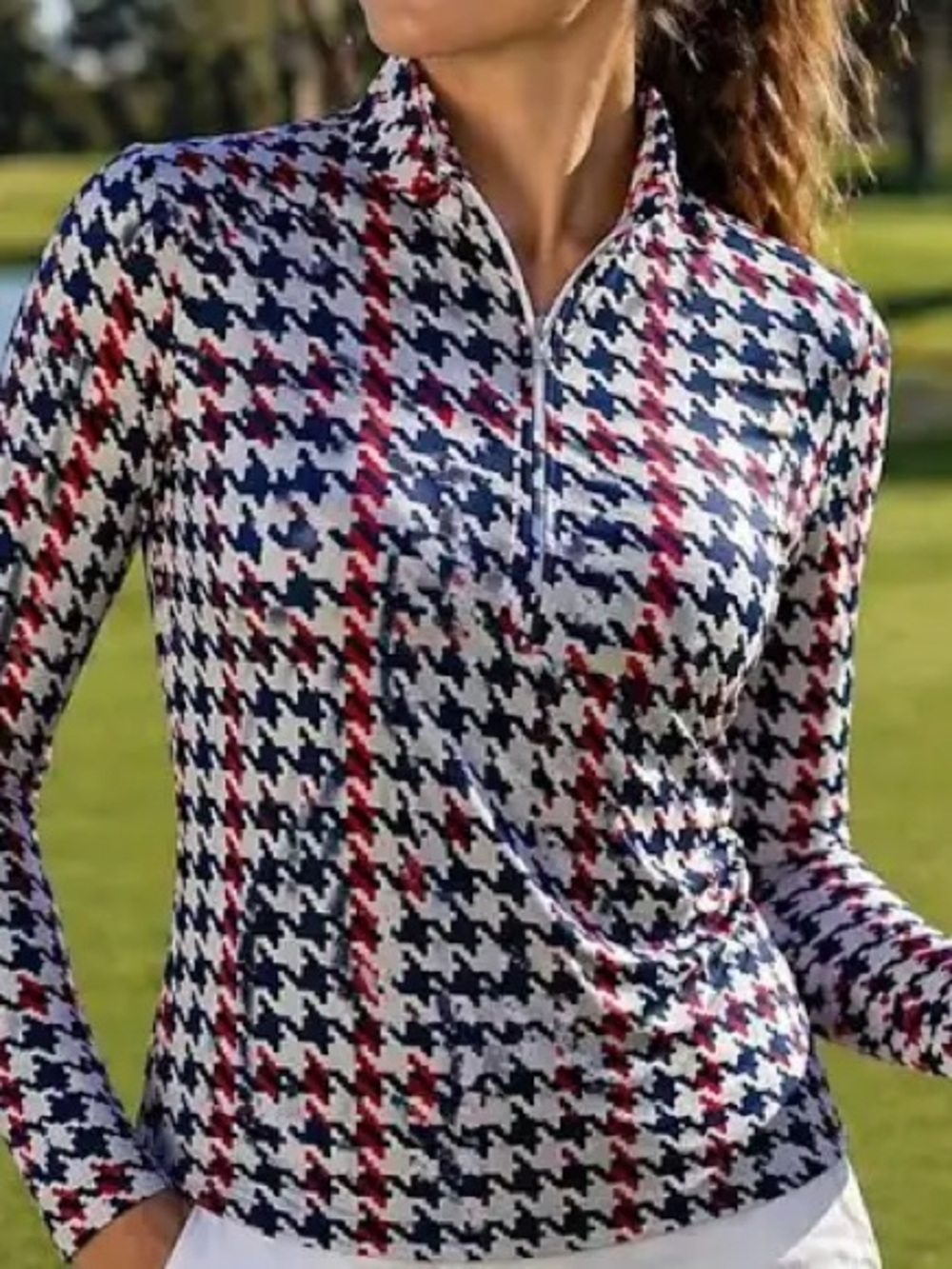 San Soleil Red White Blue Houndstooth Sun Golf Quarter Zip ~ UPF 50 ~ S